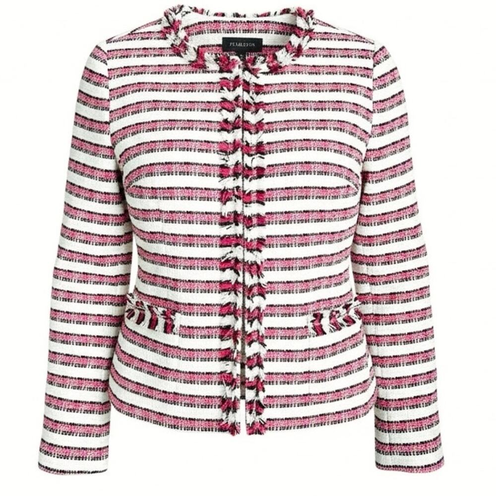 Talbots Pink Black White Striped Tweed Jacket Blazer 12 Fringe Trim Parisian